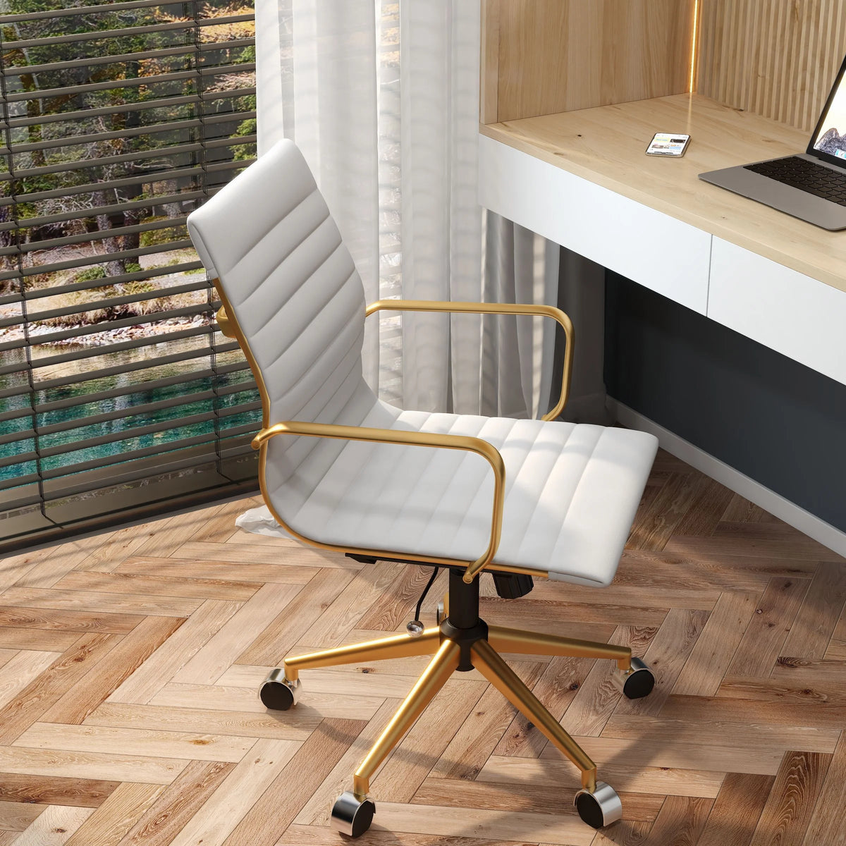 White Leather Adjustable Swivel Office Chair Y9398