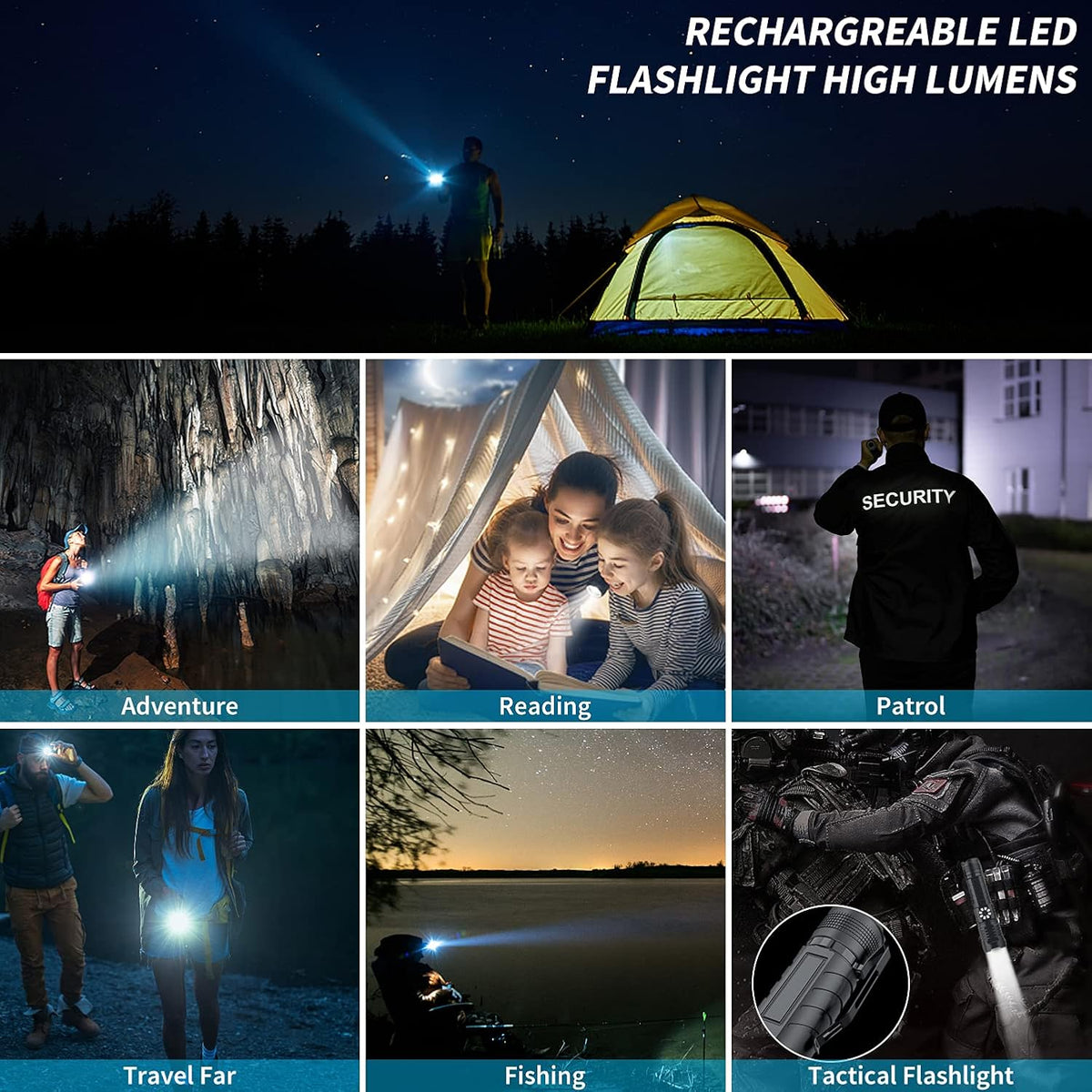 Rechargeable Tactical LED Flashlight, Zoomable Handheld X316593