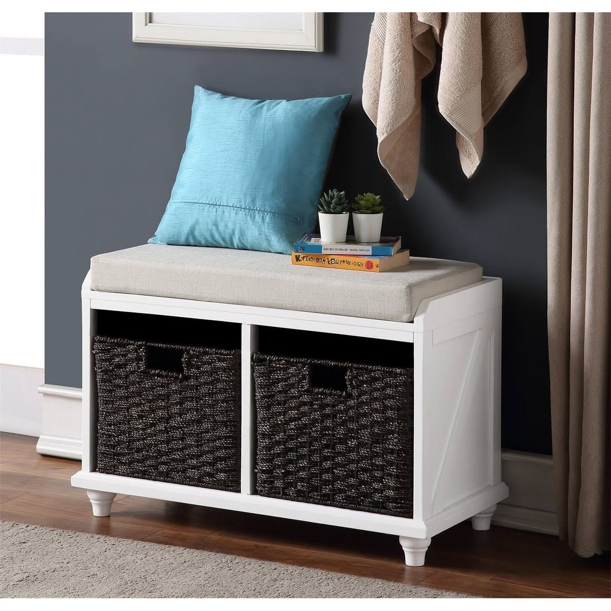 White Wood Storage Bench with 2 Woven Baskets M606377