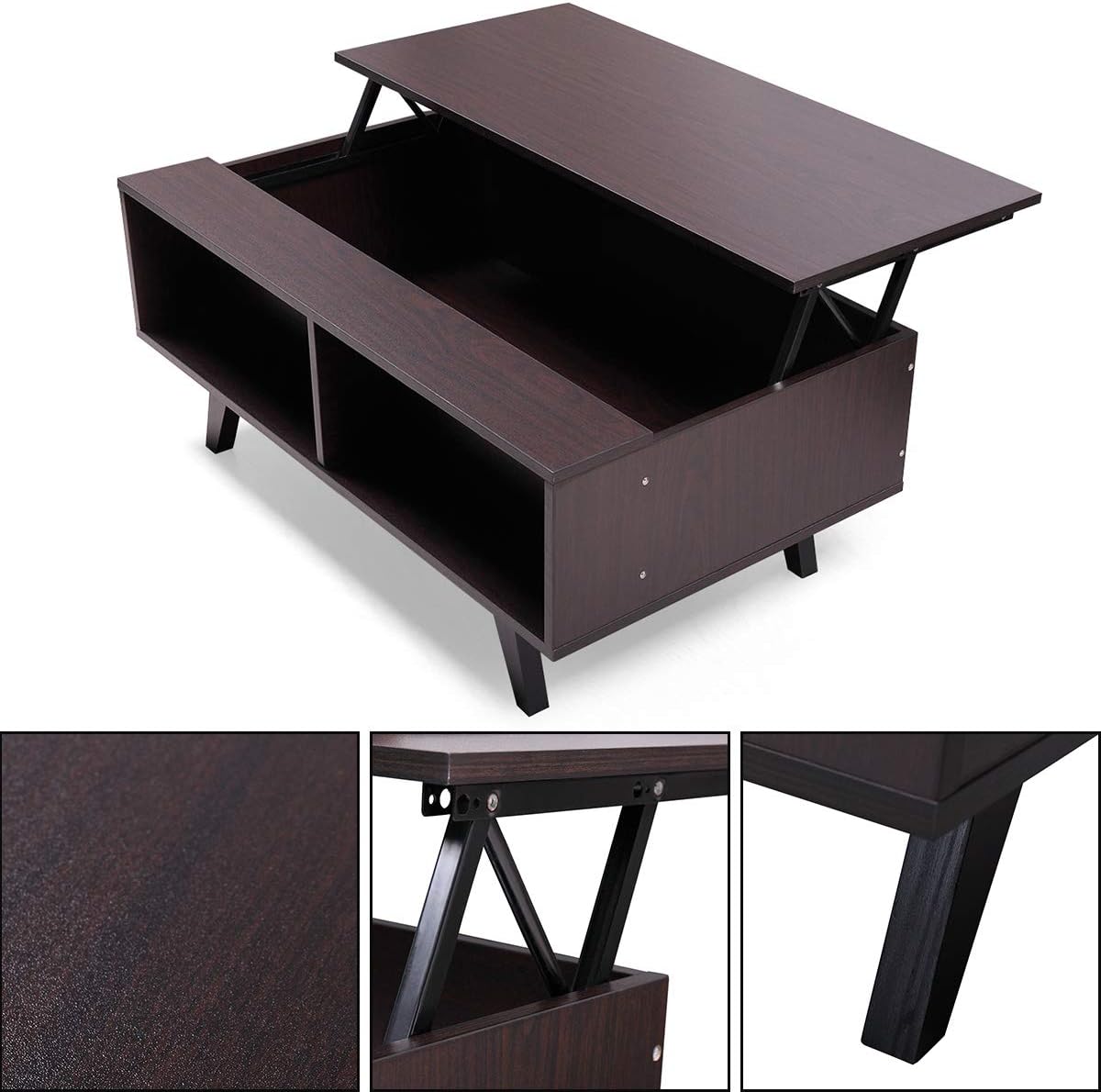 Walnut Lift Top Coffee Table with Hidden Compartment and Storage Cabinet D48009