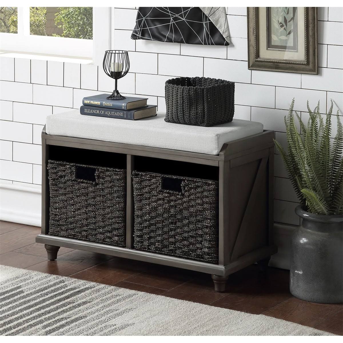 White Wood Storage Bench with 2 Woven Baskets M606377