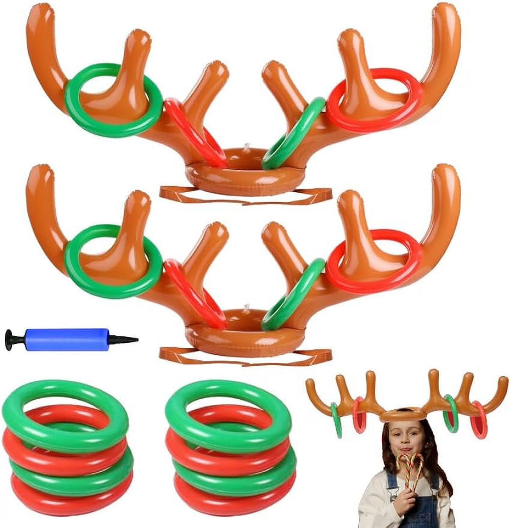 Inflatable Reindeer Antler Hat Ring Toss Game with 2 Antlers, 8 Rings, 1 Inflator Z620