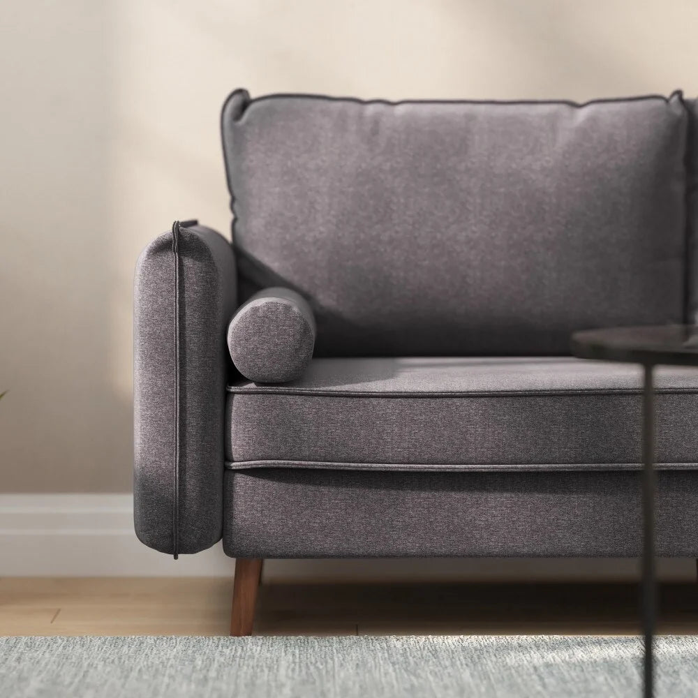 Compact Faux Linen Upholstered Sofa with Wooden Legs Stone Gray P7157