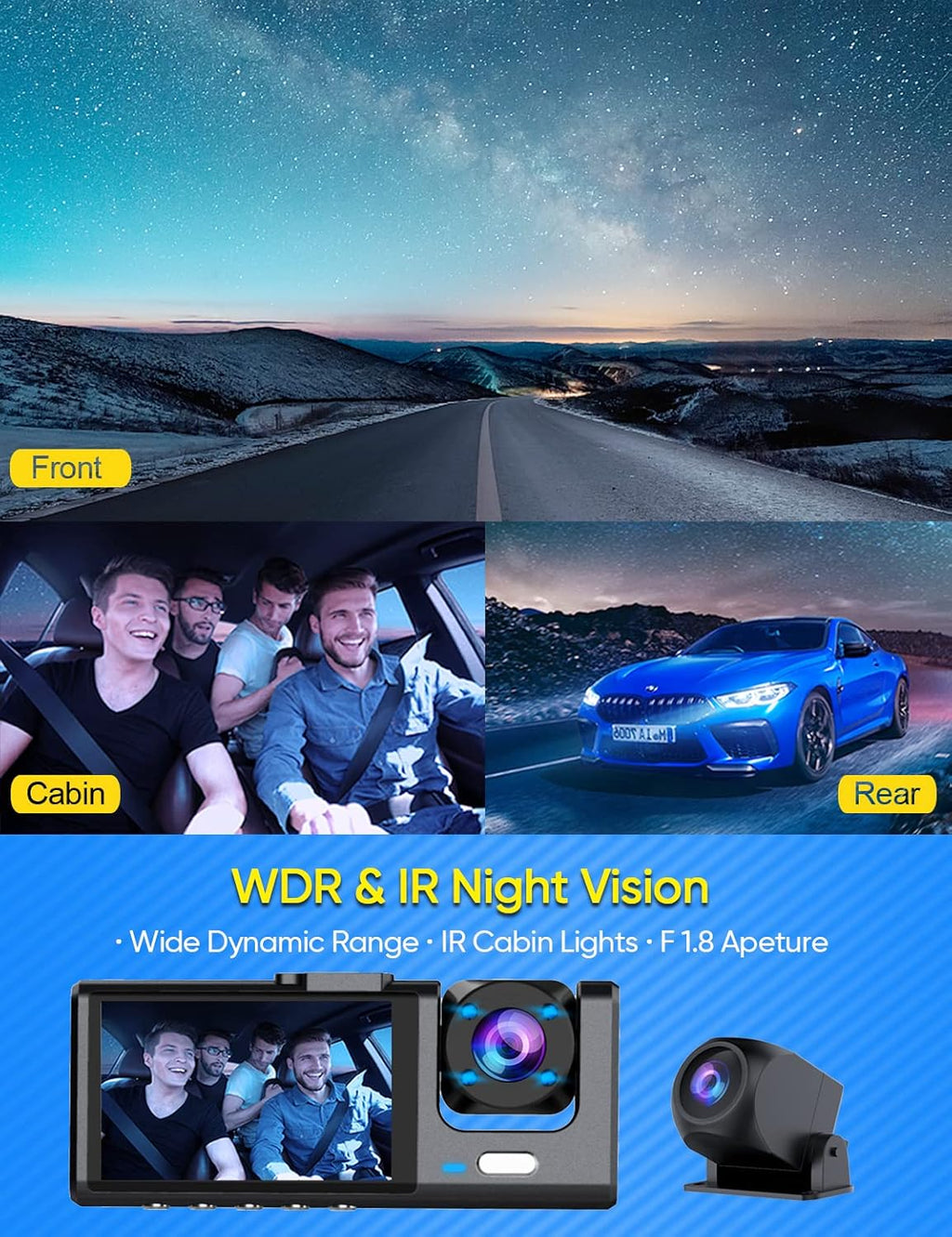 3 Channel 1080P Dash Cam with IR Night Vision, Pack of 2 V5114