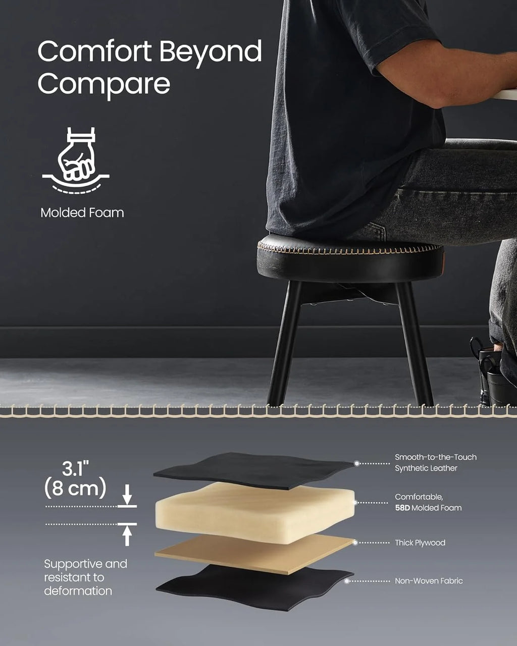 Set of 2 Upholstered Synthetic Leather Dining Stools, Ink Black L4023