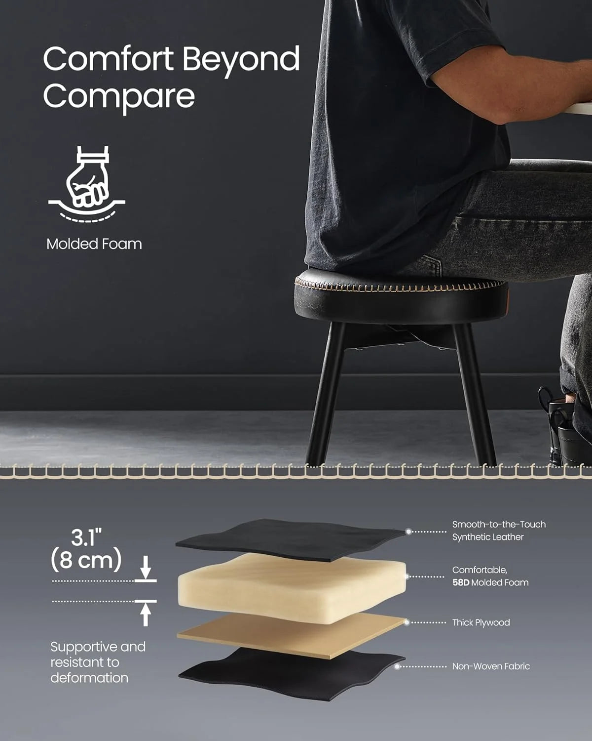 Set of 2 Upholstered Synthetic Leather Dining Stools, Ink Black L4023