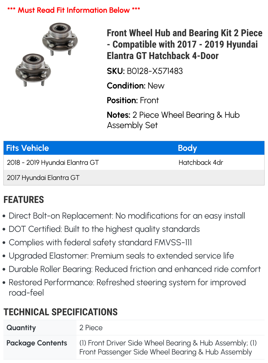 Front Wheel Hub and Bearing Kit 2 Piece T5241
