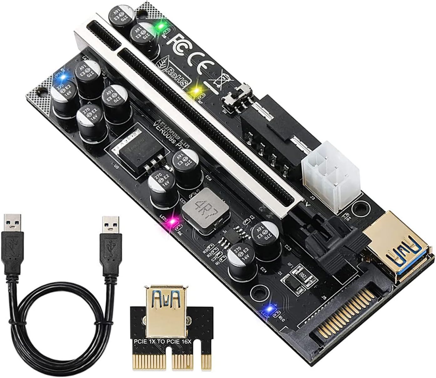 PCIE Riser 10 Solid Capacitors with RGB LED Light & 60cm USB 3.0 Extension Cable, Pack of 2 R6730