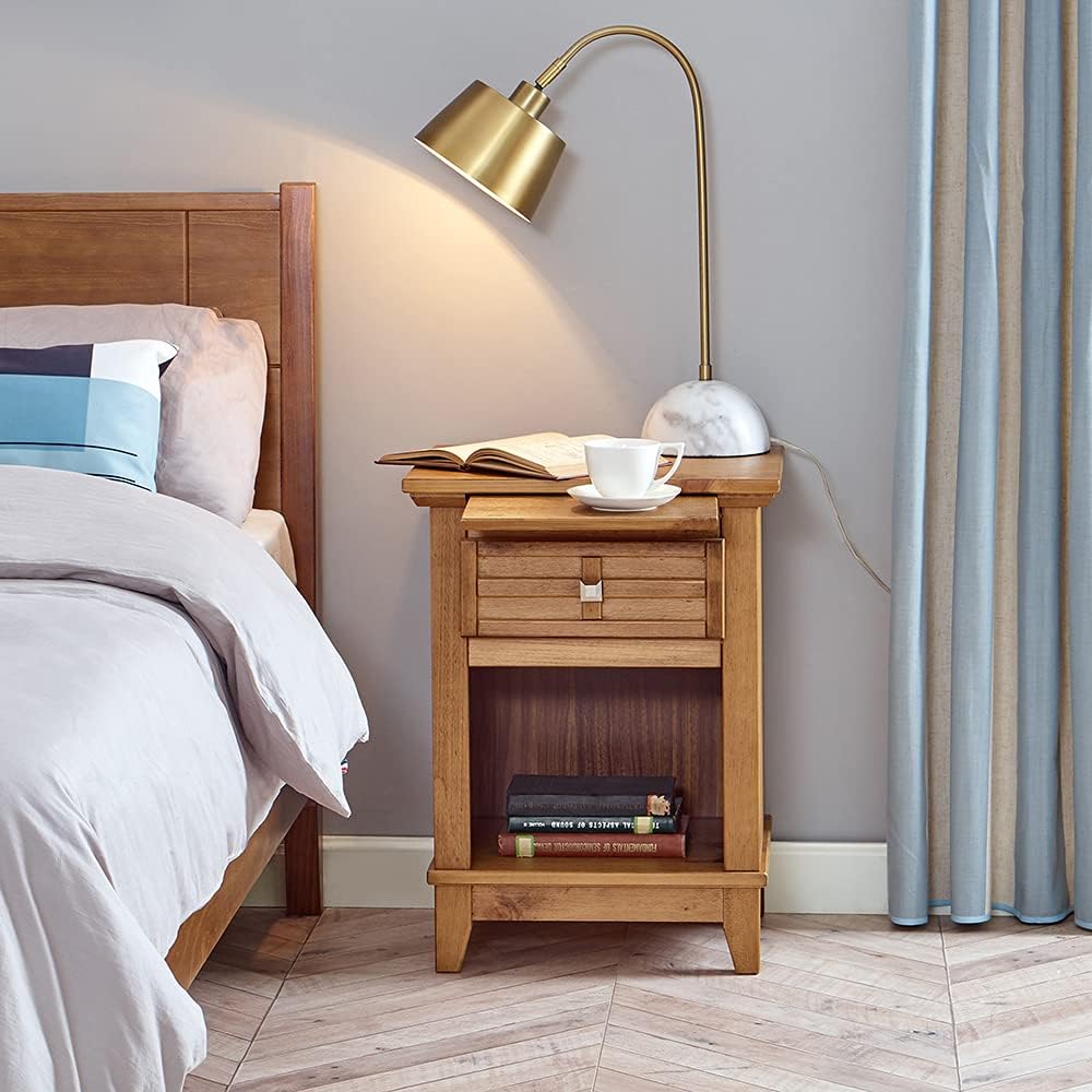 Teak Finish Wood Nightstand with Drawer and Pull-Out Tray V286463