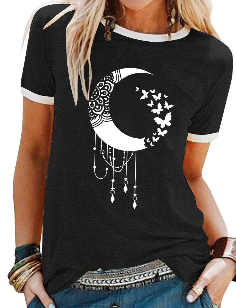 Butterfly Printed Short Sleeve Tee with Crew Neck S75434