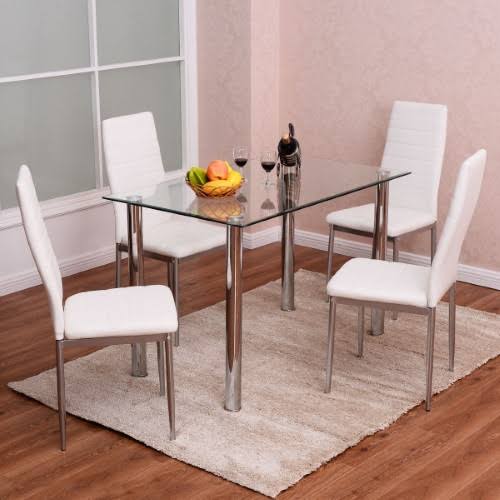 5 Piece Dining Set Table and 4 Chairs Glass Metal White R160