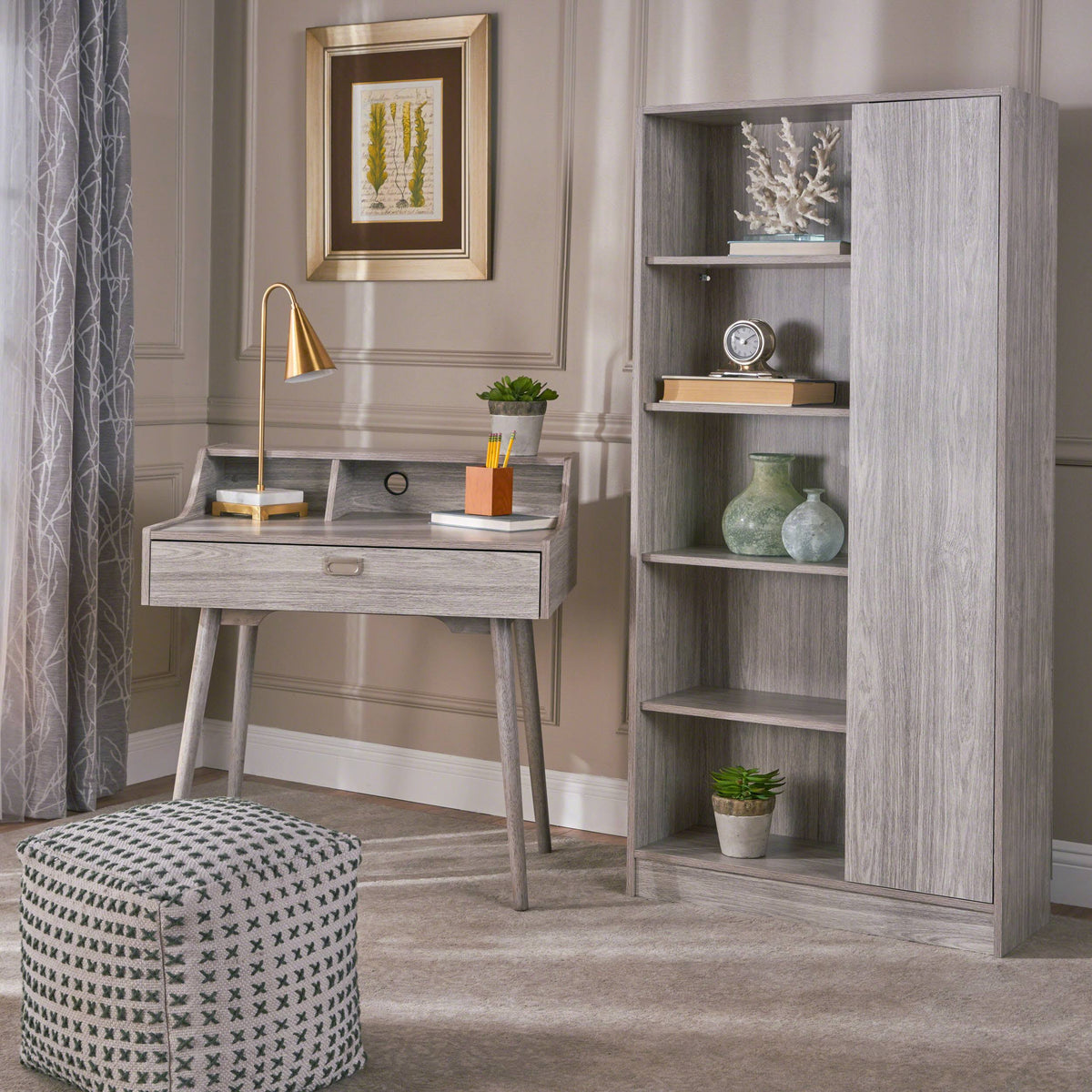 Gray Oak Office Desk and Bookcase Set D3132