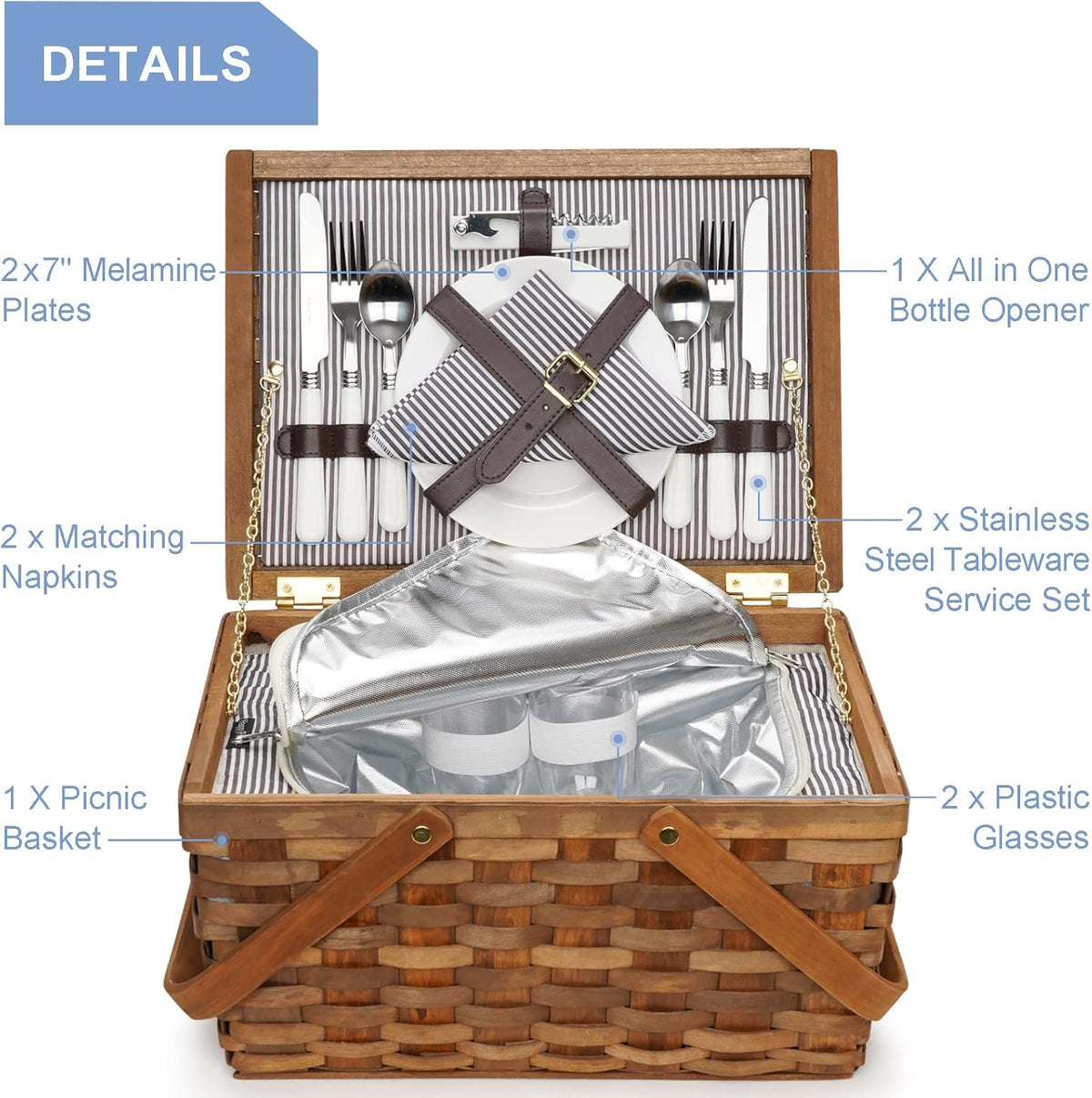 Picnic Basket Set with Insulated Cooler, Woven Basket with Double Folding Handles O81512