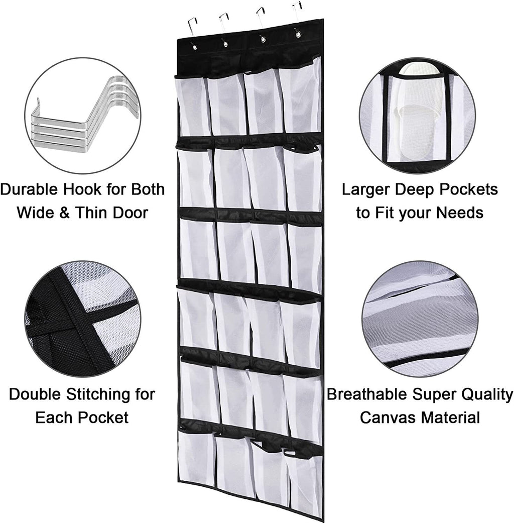 Black Over the Door Shoe Storage Organizer with 24 Mesh Pockets L325043