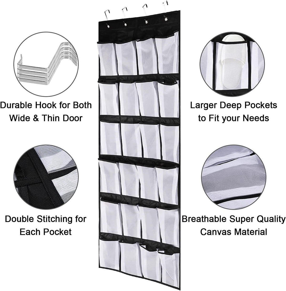 Black Over the Door Shoe Storage Organizer with 24 Mesh Pockets L325043