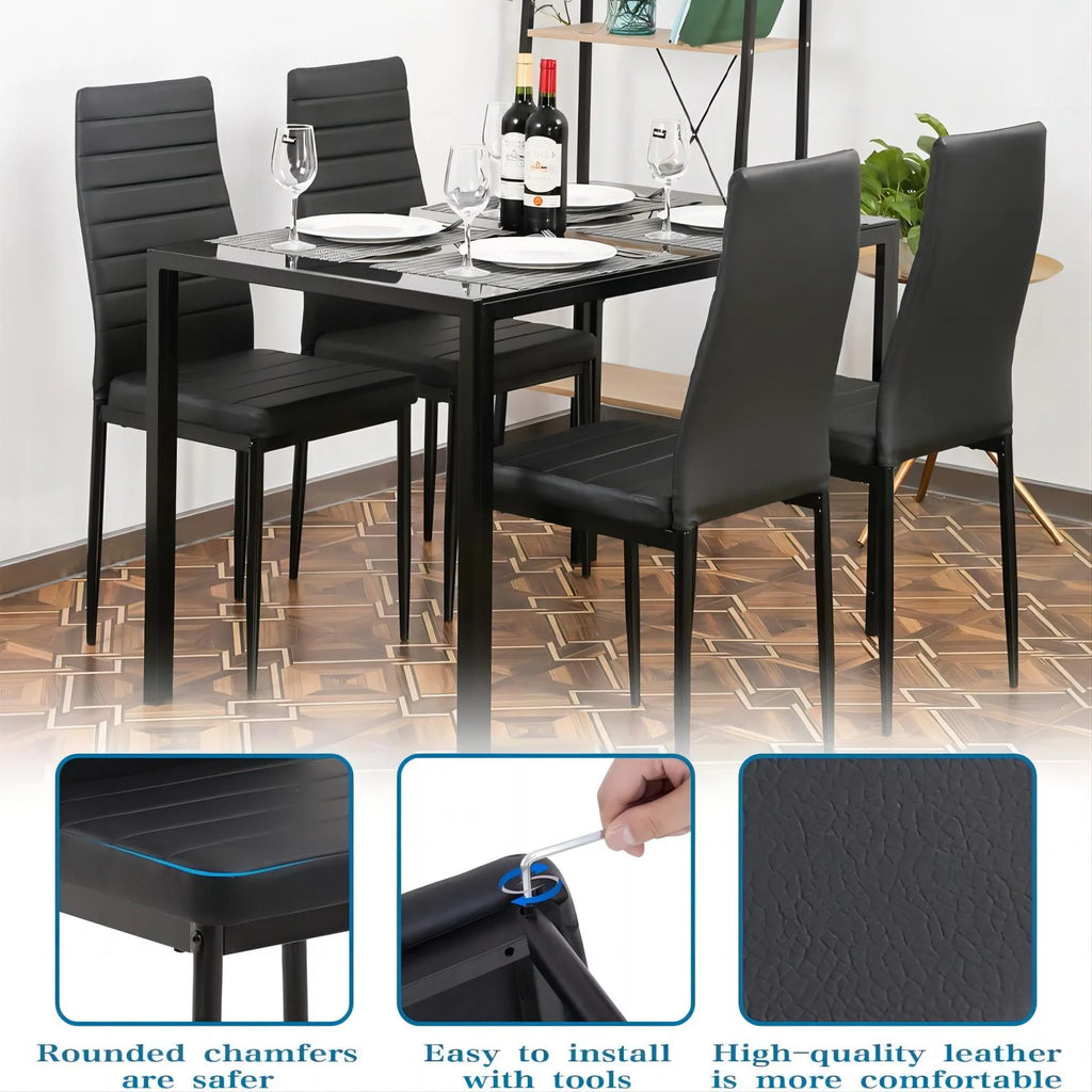 5 Piece Dining Table Set with Tempered Glass Table and 4 Faux Leather Chairs C5909