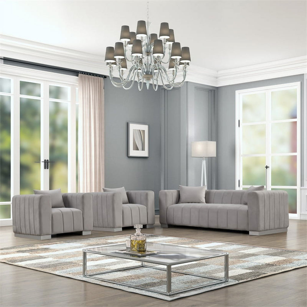 3-PC Velvet Sofa and 2 Armchairs Set Light Gray G80824