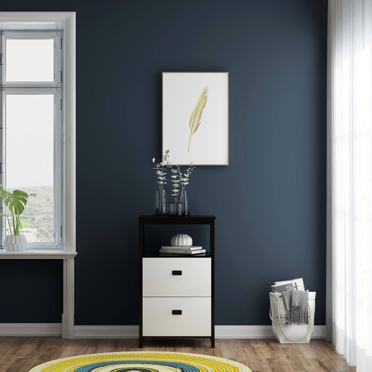 Black 2 Drawers Lateral File Cabinet with Open Compartment H682