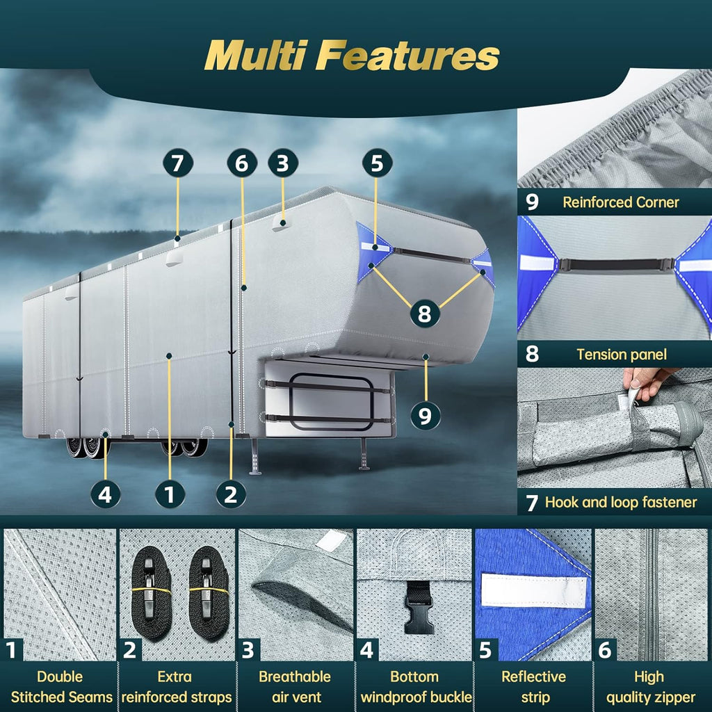 5th Wheel Travel Trailer Cover, 6 Layers Top RV Cover for 33’-37’ RV, Waterproof with 4 Tire Covers & 6 Gutter Covers J4426