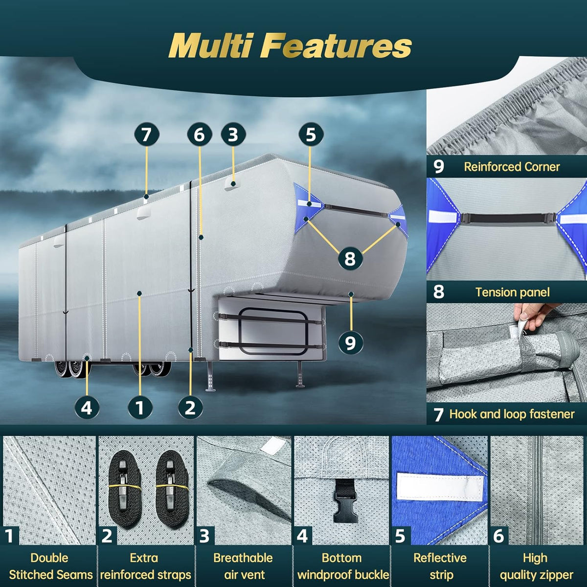 5th Wheel Travel Trailer Cover, 6 Layers Top RV Cover for 33’-37’ RV, Waterproof with 4 Tire Covers & 6 Gutter Covers J4426
