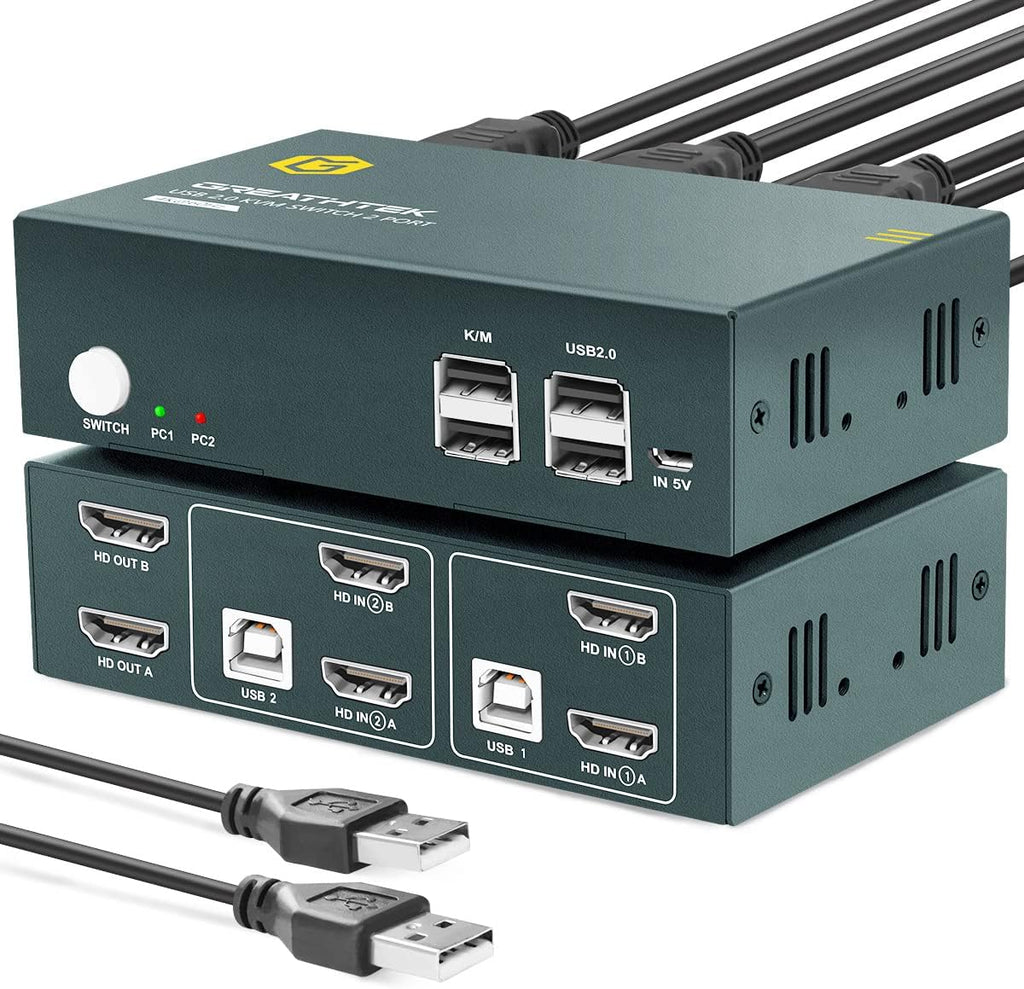 KVM Switch HDMI Dual Monitor 2 Port, 4K@60Hz, 4 USB 2.0 Hub, 4 HDMI Cables, 2 USB Cables G240918