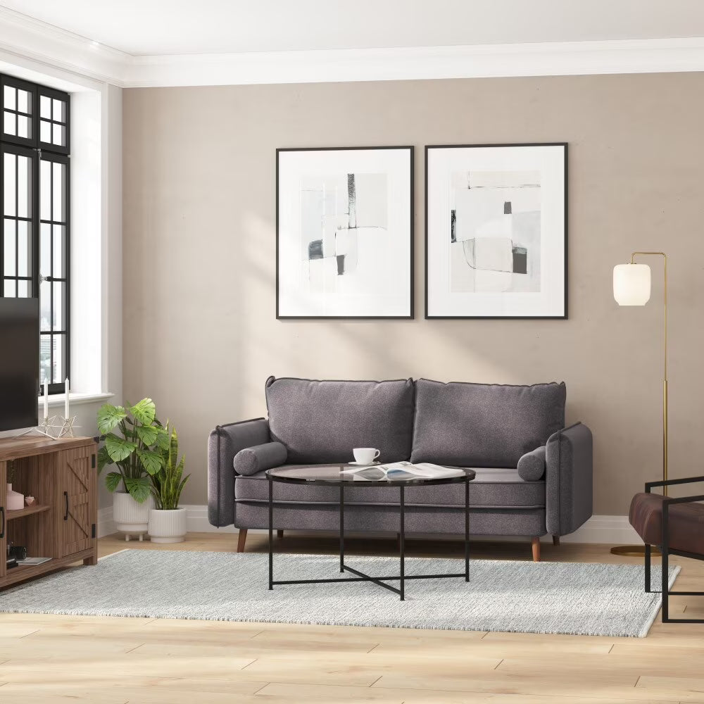 Compact Faux Linen Upholstered Sofa with Wooden Legs Stone Gray P7157