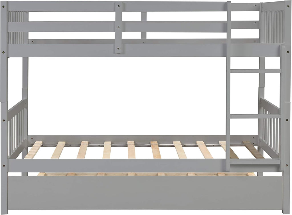 Twin Over Twin Solid Wood Bunk Beds with Trundle and Safety Rail and Ladder J646613