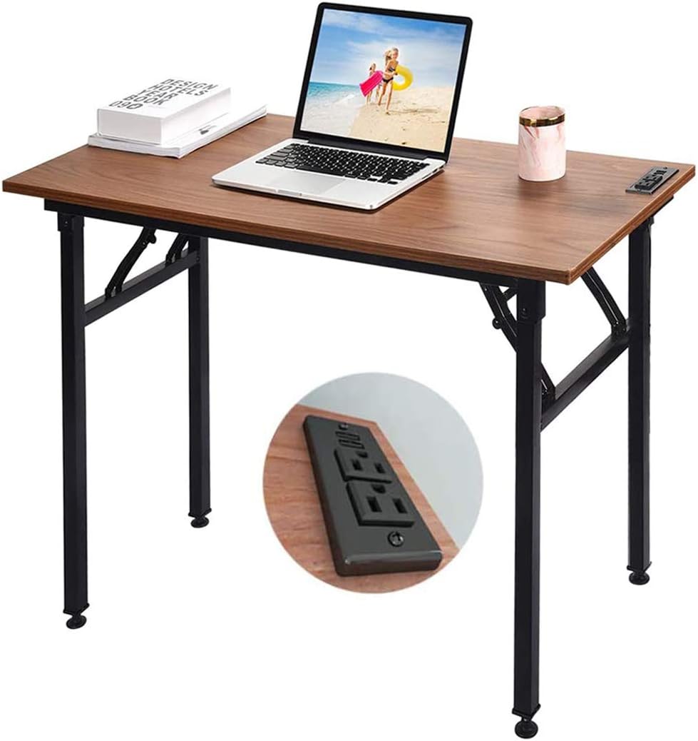 Walnut Small Folding Writing Desk with USB Ports & Power Plugs I684