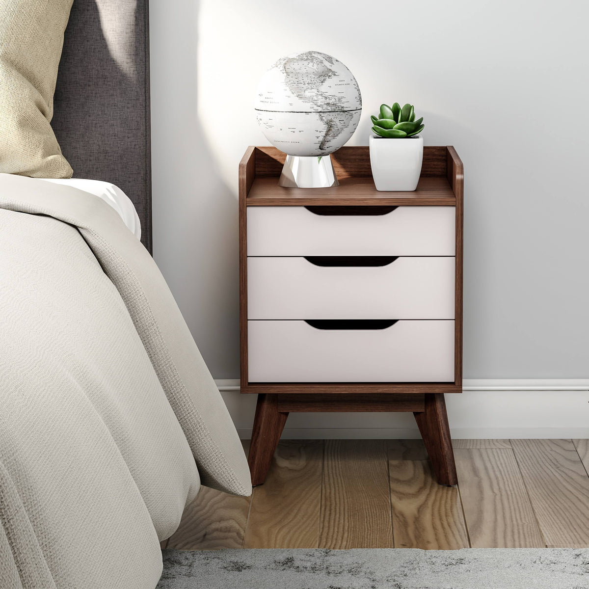 White and Walnut 3-Drawer Nightstand I495543