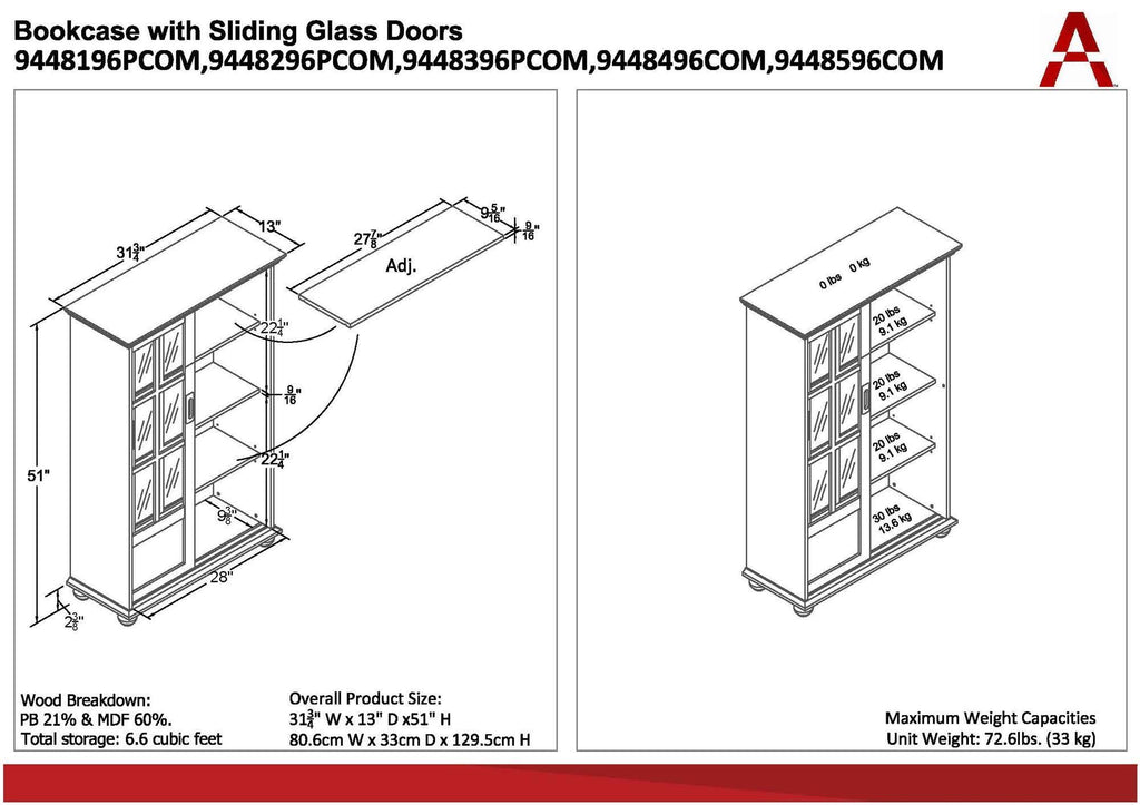 Blue Bookcase with Sliding Glass Doors W395