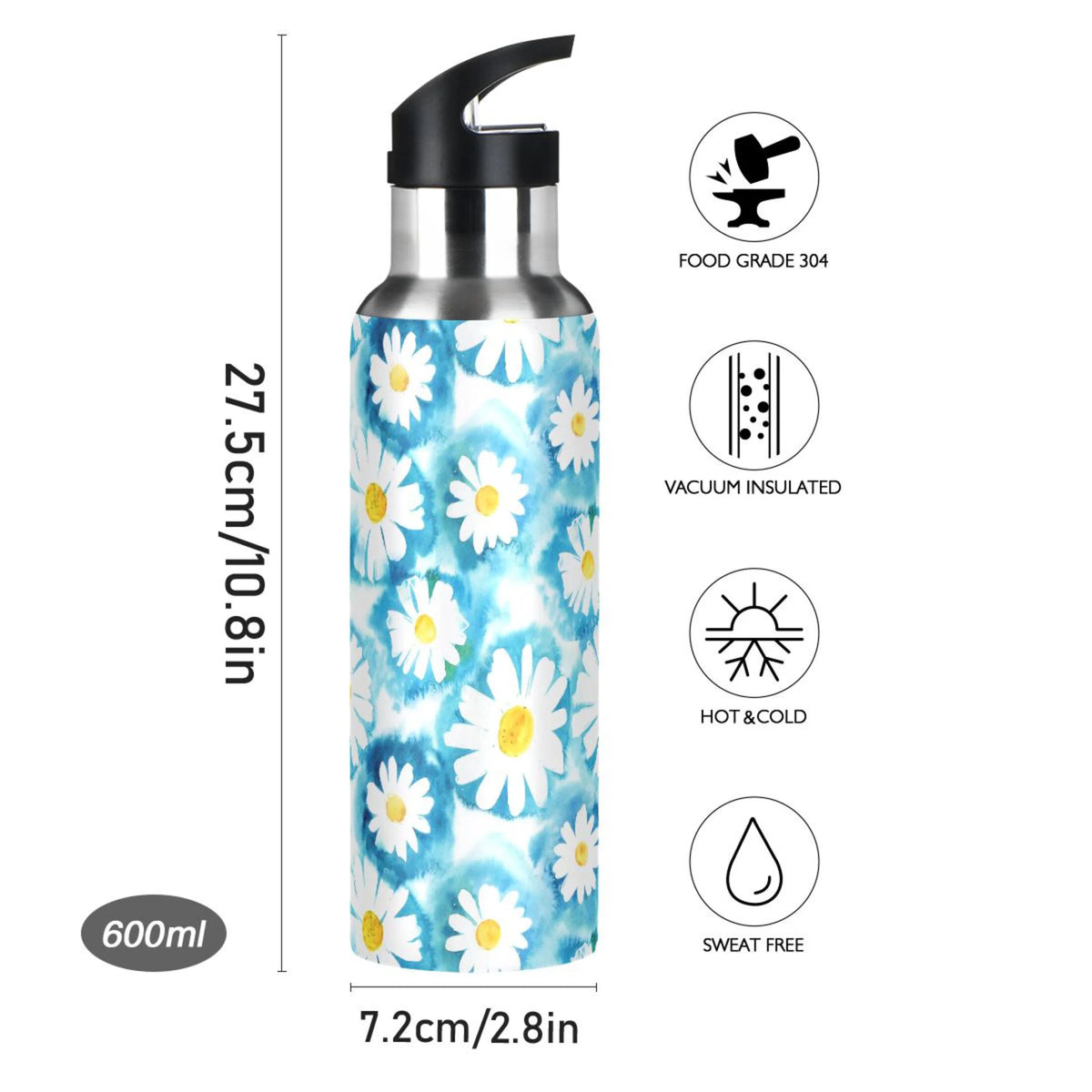 Blue Stainless Steel Insulated Water Bottle with Straw Lid Z6470