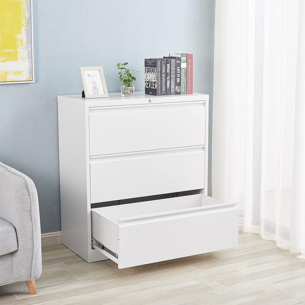 3 Drawer White Metal Lateral File Cabinet with Lock R724