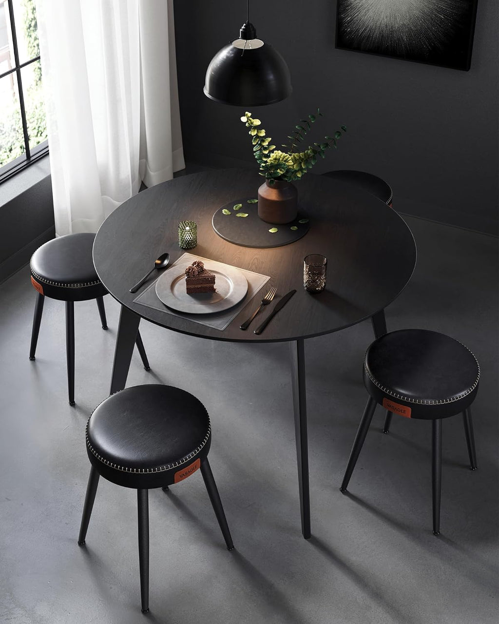 Set of 2 Upholstered Synthetic Leather Dining Stools, Ink Black L4023