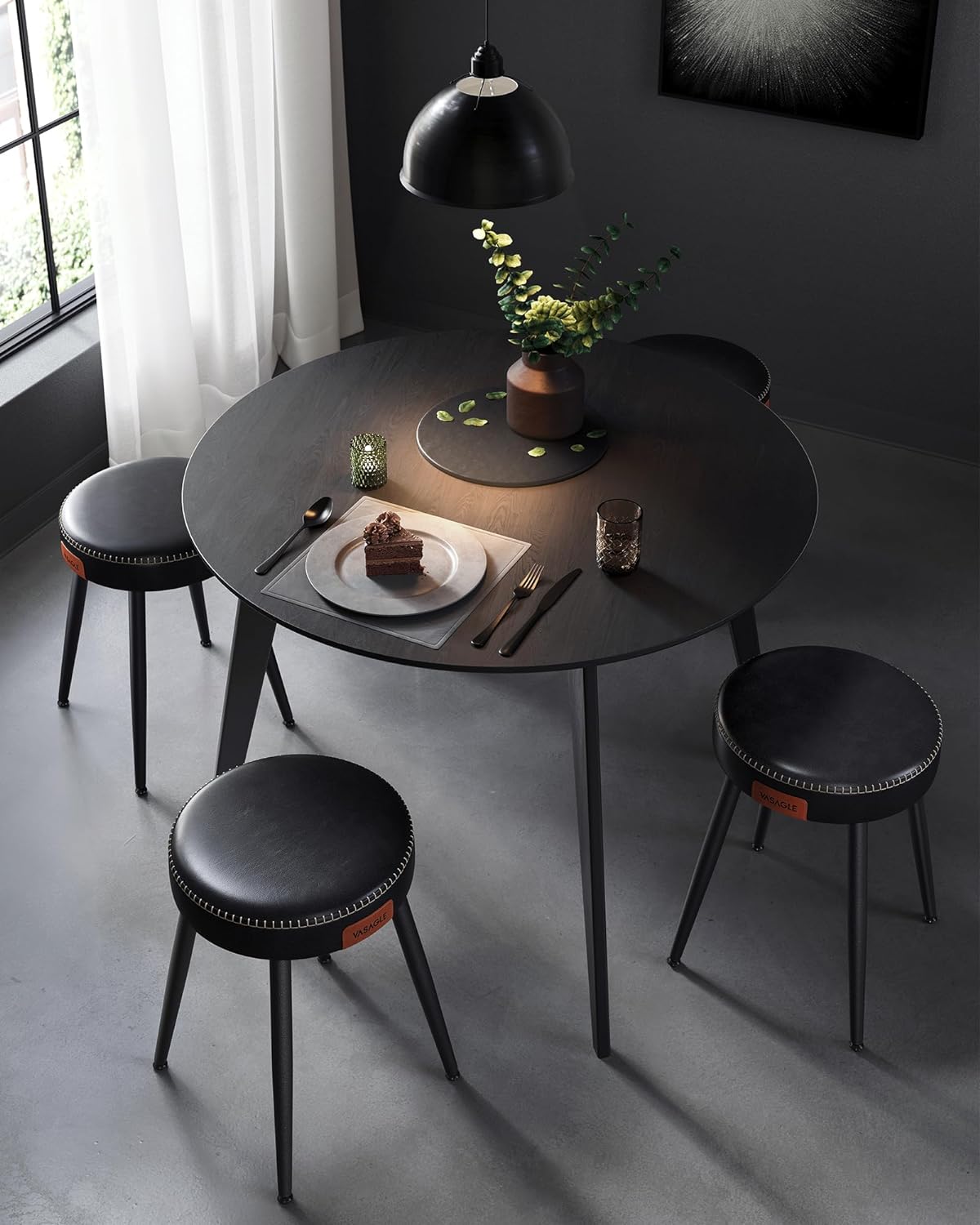 Set of 2 Upholstered Synthetic Leather Dining Stools, Ink Black L4023