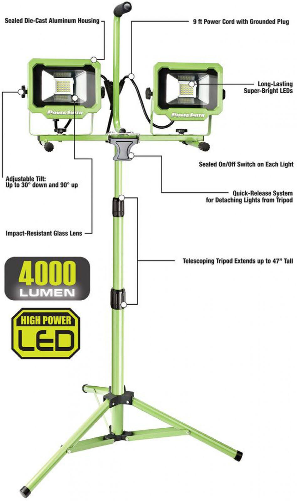40W 4000 Lumen Dual-Head LED Work Light with Tripod Q359